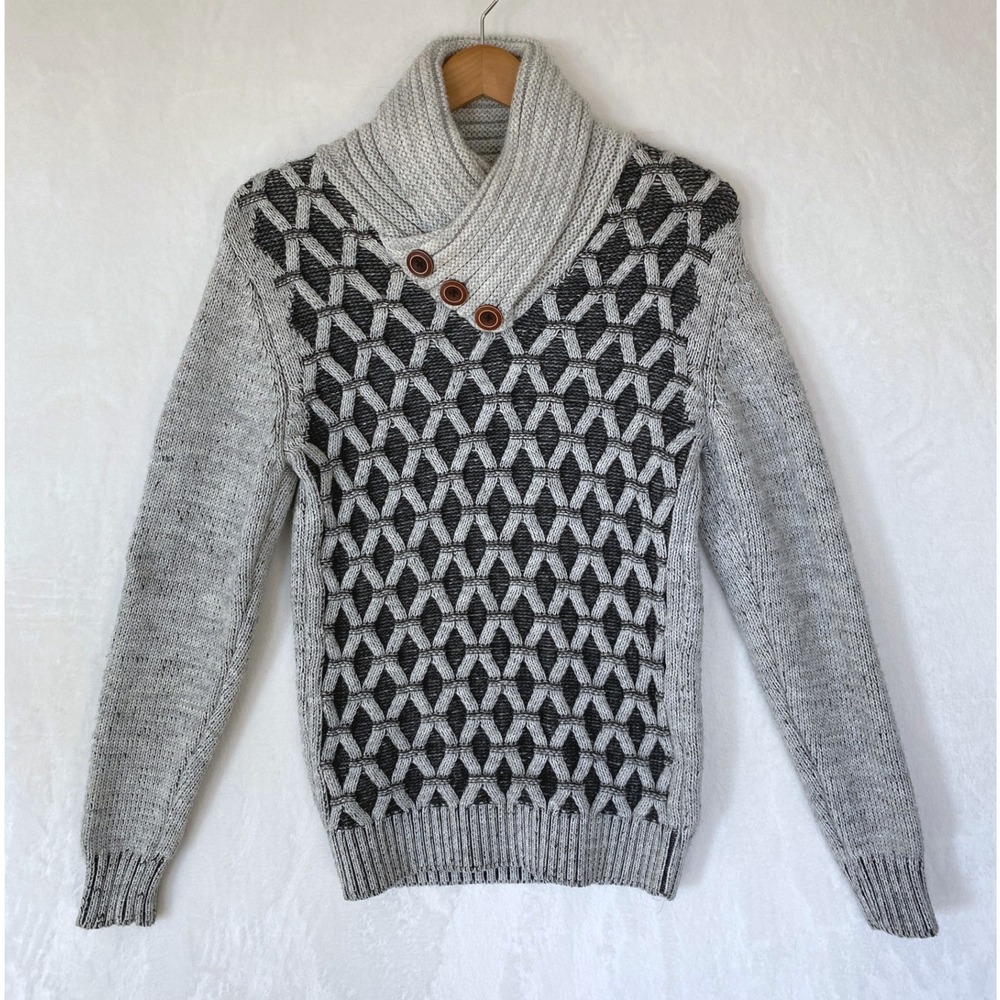 VANGOLA Geometric‎ Shawl Collar Button Sweater L XL Grey Wool Blend